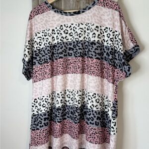 Leopard Print Striped Women's Top - Pink and Black